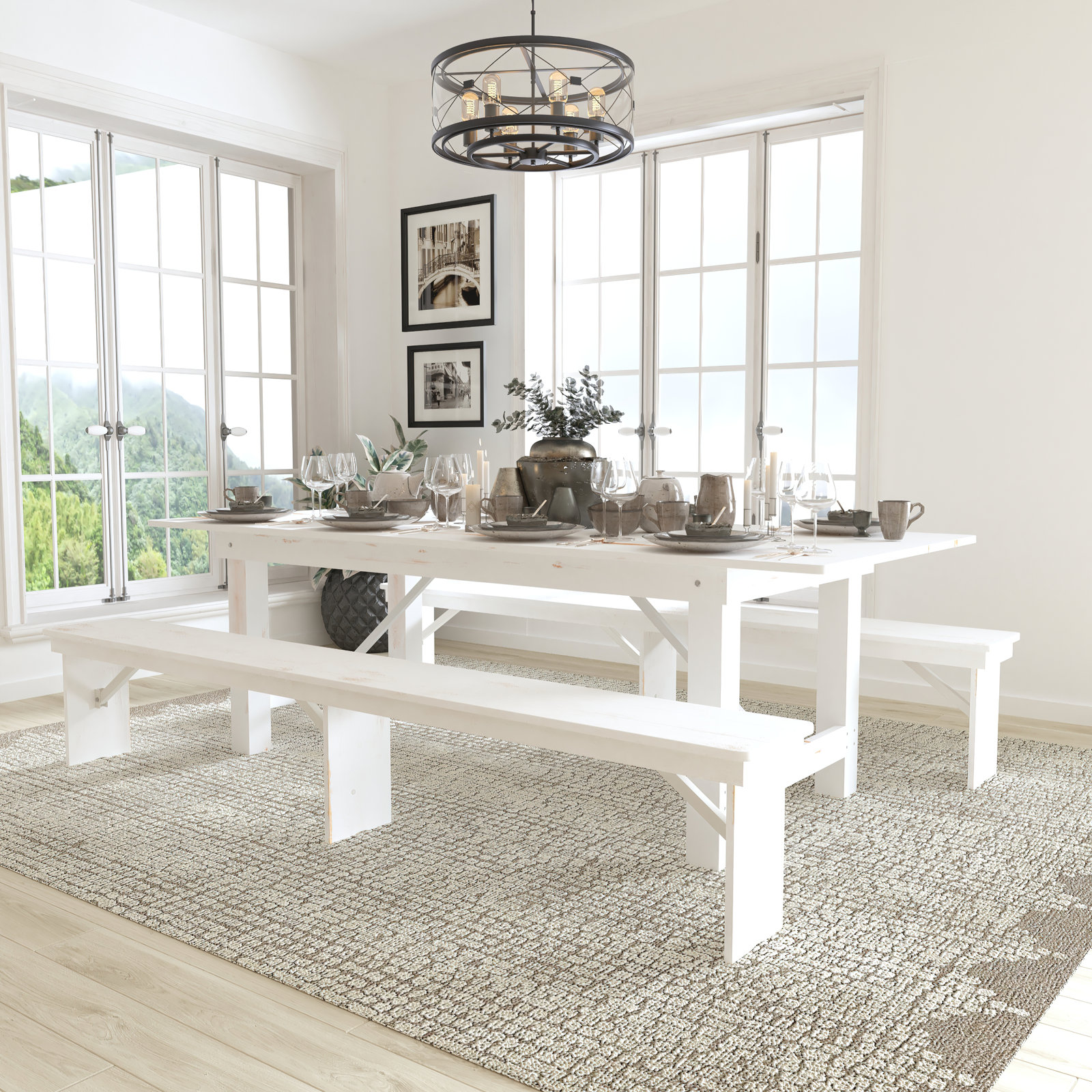 Laurel Foundry Modern Farmhouse Aleksandra Antique Rustic Folding Farm Table and Two Bench Set